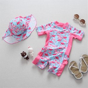 Meisjes Badmode Top UPF50 + Zonnebrandcrème Kinderen Badpak Voor Kind Cartoon Flamingo Patroon Beachwear Meisje Zwemkleding