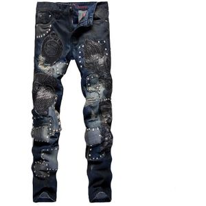 Sokotoo mannen uil borduurwerk slanke rechte jeans Mode klinknagel patchwork denim broek