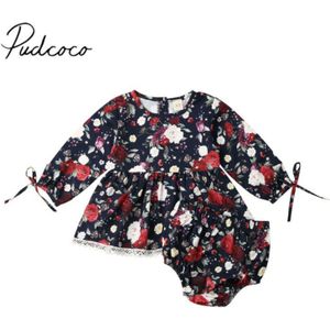 Baby Lente Herfst Kleding Pasgeboren Kids Baby Meisje Kleding Bloemen Kant Lange Mouw Jumpsuits Tops Jurk + Shorts 2 stuks Outfit