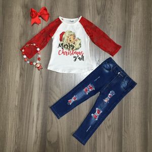 Baby meisjes kleding kinderen Kerst outfits kerstman tee met verschansten jeans broek boutique kleding met accessoires