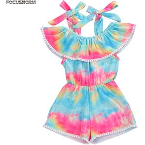1-6Y Zomer Meisjes Kids Rompertjes Tie Dye Kleurrijke Print Ruches Off Shoulder Mooie Jumpsuits Outfits