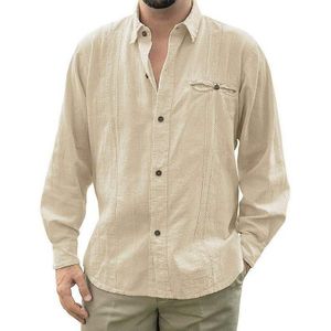HEFLASHOR Busniess Mannen Losse Fit Linnen Shirts Casual Button Down Casual Shirt Pure Color Lange Mouwen Plus Size S-3XL Shirt top