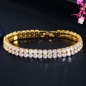 Cwwzircons Iced Out Bling Geel Goud 2 Rij Ronde Zirconia Tennis Armband Voor Vrouwen Mannen Hiphop Bijoux Sieraden CB212