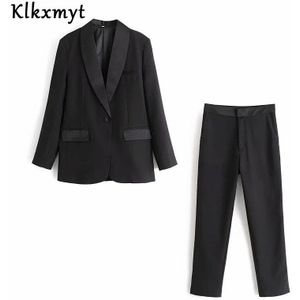 Klkxmyt Engeland Stijl Kantoor Dame Solid Za Blazer Vrouwen Zwarte Enkel-Leghth Suits Broek Vrouwen Broek Vrouwen Twee Stukken sets