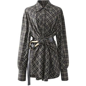 Superaen Herfst Mode Plaid Shirts Riem Taille Slim Volledige Blouse Vrouwen