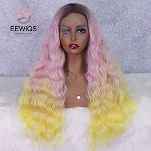 EEWIGS 180 Dichtheid Krullend Pruik Hittebestendige Haar Synthetische Lace Front Pruik 3 Tone Kleur Roze Naar Geel Ombre Pruiken voor Zwarte Vrouwen