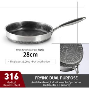 316/304 Roestvrijstalen Wok - 28 cm - Niet-klevend - Geschikt voor Inductie Kookplaat