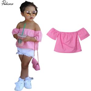 Baby Kids Meisjes Off Schouder Korte Mouwen Peuter Blouse Tops Zomer Roze Solid Casual 1-6Y