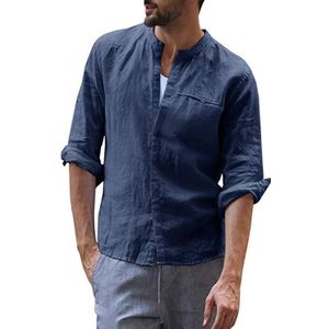 mannen Linnen Blouse Katoen Losse Tops Lange Mouwen Staan Kraag Slim Soft Shirts Homme Zomer Plus Size Effen base Shirts