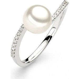 Luna-Pearls - Dames Ring - 585 / - wit goud - parel - diamant - R104