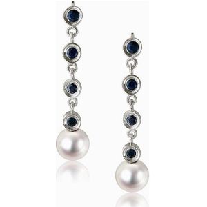 Luna-Pearls - O33-AE0056 - Oorstekers - 585 witgoud - Akoya-parels 7,5 mm - 8 saffieren 0,65 ct