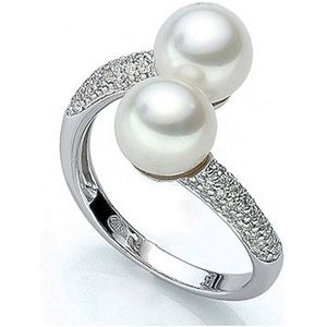Luna-Pearls - Dames Ring - 750 / - wit goud - parel - diamant - M_S2_R AR0007