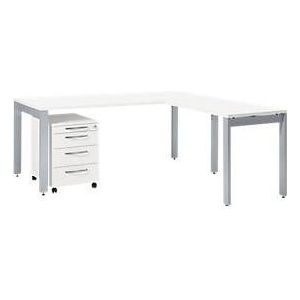 Bureautafel B 1800 x D 800 x H 740 mm - met aanbouwtafel -  verrijdbaar ladenblok - wit - ons merk Schäfer Shop Select