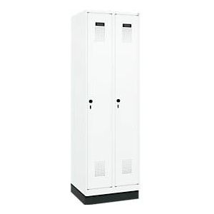 C+P Evolo Plus garderobekast, 2 vakken, 300 mm vakbreedte, met plint, rechts scharnierend, veiligheidsdraaigrendel, soft-close, inbraakwerend, B 600 x D 500 x H 1950 mm, verkeerswit RAL 9016/ verkeerswit RAL 9016