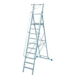 Aluminium trapladder, met groot platform, met veiligheidsbeugel en ketting, 10 treden