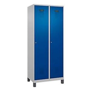C+P Evolo Plus garderobekast, 2 vakken, 400 mm vakbreedte, met poten, rechts scharnierend, soft-close, inbraakwerend, B 800 x D 500 x H 1950 mm, cilinderslot, alu wit RAL 9006/genziana blauw RAL 5010