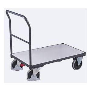ESD duwbeugelwagen, staal/spaanplaat, grafietgrijs/lichtgrijs, L 880 x B 500 mm, met dwarsbeugel, TPE-wielen met EasySTOP, tot 400 kg