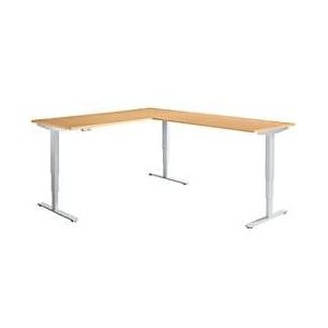 AERO FLEX hoekbureau, elektrisch in hoogte verstelbaar, hoek 90°, T-voet, B 2000 x D 2400 mm, beuken/blank aluminium + memoryplaat