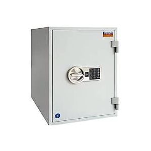 Brandkast FRS 51, brandwerendheid LFS 60P volgens EN 15659, veiligheidsniveau S 2, elektronisch slot &amp; sleutelslot, 2 legborden, B 445 x D 425 x H 510 mm, lichtgrijs RAL 7035