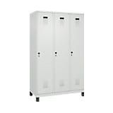 C+P Evolo Plus garderobekast, 3 vakken, 400 mm vakbreedte, met poten, rechts scharnierend, soft-close, inbraakwerend, B 1200 x D 500 x H 1950 mm, veiligheidsslot met draaigrendel, lichtgrijs RAL 7035/lichtgrijs RAL 7035