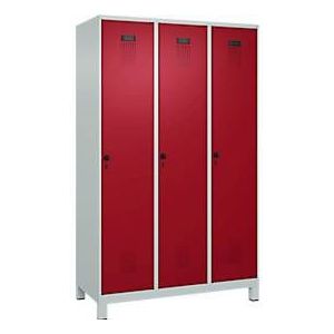 C+P Evolo Plus garderobekast, 3 vakken, 400 mm vakbreedte, met poten, rechts scharnierend, soft-close, inbraakwerend, B 1200 x D 500 x H 1950 mm, veiligheidsslot met draaigrendel, lichtgrijs RAL 7035/ruwe rood RAL 3003