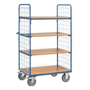 Etagewagen, 4 houten legborden, tot 600 kg, 2-zijdige roosterwanden, 1000 x 600 mm, blauw