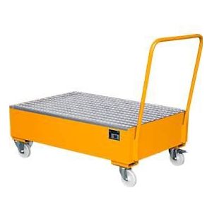 Stalen lekbak met wielen + greep, 1200 x 800 mm, oranje RAL 2000
