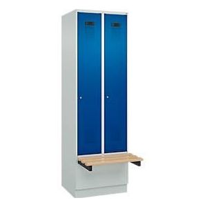 C+P Evolo Plus garderobekast, 2 vakken van elk 300 mm breed, sokkel, zwevende bank, B 600 x D 815 x H 1950 mm, cilinder, lichtgrijs/gentiaanblauw