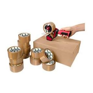 Verpakkingstape - polypropeenfolie - B 50 mm x L 66 m - bruin - 12 rollen + afroller gratis - ons merk Schäfer Shop Select