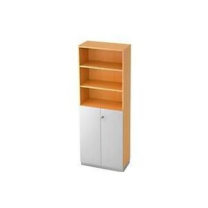 Combi-boekenkast, 6 OH, 3 open vakken + 2 afsluitbare deuren, B 800 x D 420 x 2210 mm, beukendecor/zilver