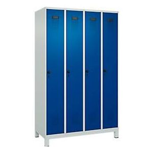 C+P Evolo Plus garderobekast, 4 vakken, 300 mm vakbreedte, met voetjes, rechts scharnierend, veiligheidsdraaigrendel, soft-close, inbraakwerend, B 1200 x D 500 x H 1950 mm, lichtgrijs RAL 7035/enziaans blauw RAL 5010