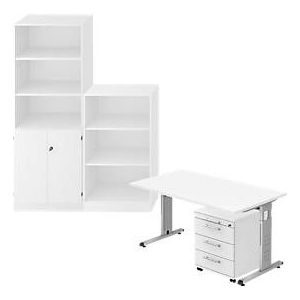 Complete set bureautafel/verrijdbaar ladeblok/kast met legborden/archiefrek ULM, wit