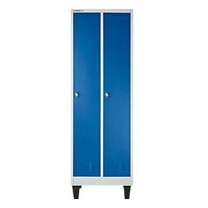 Lockerkast met 2 compartimenten, metaal, B 600 x D 500 x H 1850 mm, met hoedenplank, kledingstang met 3 verschuifbare haken, poten, slot met draaigrendel, grijs/blauw