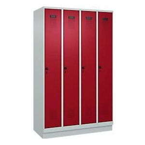 C+P Evolo Plus garderobekast, 4 vakken, 300 mm vakbreedte, met plint, rechts scharnierend, soft-close, inbraakwerend, B 1200 x D 500 x H 1950 mm, veiligheidsslot espagnoletsluiting, lichtgrijs RAL 7035/ruwe rood RAL 3003