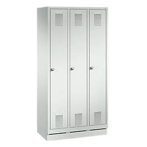 Garderobekast Evolo S 3000, 3 vakken, staal, sokkelhoogte 100 mm, cilinderslot, lichtgrijs/lichtgrijs, 3 vakken, staal, sokkelhoogte 100 mm, cilinderslot, lichtgrijs.
