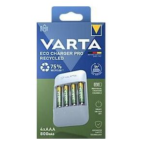 VARTA batterijlader Eco Charger Pro Recycled, gemaakt van 75% gerecycled materiaal, incl. USB type C oplaadkabel en 4x AAA 800 mAh NiMH-batterijen