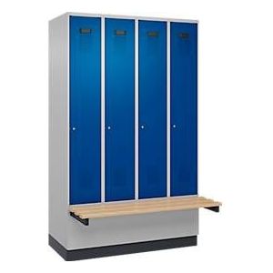 C+P Evolo Plus garderobekast, 4 vakken van elk 300 mm breed, sokkel, zwevende bank, B 1200 x D 815 x H 1950 mm, cilinder, blank aluminium/ gentiaanblauw