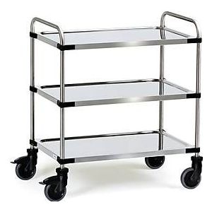 Fetra Roestvrijstalen Serveerwagen met 3 etages, L 1070 x B 570 X 950 mm, met TPE-wielen, RVS