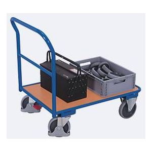 Duwbeugelwagen, staal/MDF-plaat, decor gentiaanblauw/beuken, L 850 x B 500 mm, met dwarsbeugel, TPE-wielen met EasySTOP, tot 400 kg