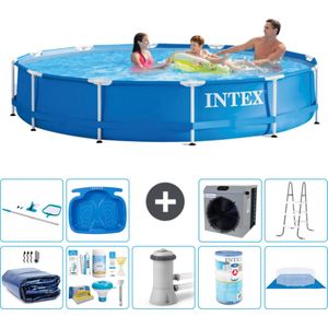 Intex Rond Frame Zwembad - 366 x 76 cm - Blauw - Inclusief Solarzeil - Onderhoudspakket - Zwembadfilterpomp - Filter - Grondzeil - Schoonmaakset - Ladder - Voetenbad - Warmtepomp