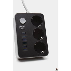Premium Stekkerdoos | Contactdoos met 6 USB poorten | Verdeeldoos | 1.80m Verlengsnoer voor naar het Stopcontact| Aan/Uitschakelaar | Geschikt voor Apple / Samsung / LG / Huawei / HTC | Grijs/Zwart