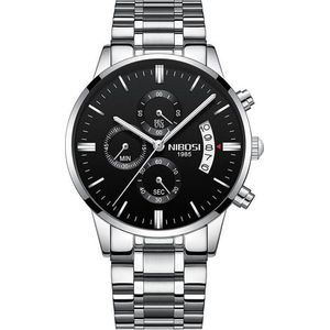 NIBOSI Horloges voor mannen - Luxe Zilver Zwart Design - Heren Horloge - Ø42