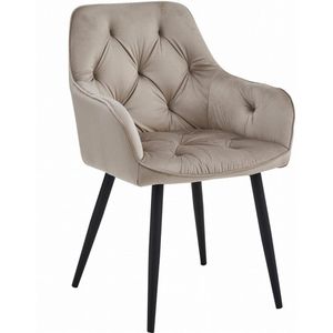 Stoel JORK - Donkerbeige Velvet - Zwarte Metaalpoten - Luxe Eetkamerstoel - Fauteuil - Met Armleuning - Modern Design - Elegant en Comfortabel voor Woonkamer, Keuken of Eetkamer - Max. 110 kg