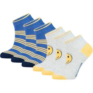 6 paar sneakersokken - Smiley - Blauw/Grijs - Maat 23-26