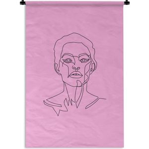 Wandkleed Line-art Vrouwengezicht - 13 - Line-art illustratie vrouw met kort haar op een roze achtergrond Wandkleed katoen 60x90 cm - Wandtapijt met foto
