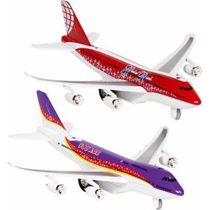 Speelgoed vliegtuigen setje van 2 stuks paars en rood 19 cm - Vliegveld spelen voor kinderen