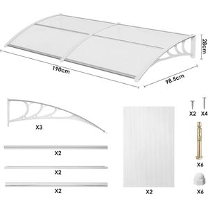 Deurluifel - Weerbestendige - Polycarbonaat Overkapping - Duurzame Materialen - Sterke ABS Beugels - Voor Deur - Raam en Balkon - 190x98.5 cm - Wit