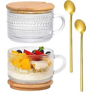 Set van 2 grote koffiekopjes, set van 400 ml Latte Macchiato glazen met deksel en lepel, glazen voor overnight oats, ontbijtgranenbekers, vintage cappuccino glazen, jumbo kop koffiemok voor thee, pap, melk, havermout.