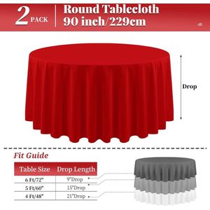 Set van 2 ronde tafelkleden, 229 cm, rood, rond, kreukvrij, wasbaar, rode tafelkleden, polyester stoffen tafelkleed voor bruiloft, feest, restaurant, buffettafel