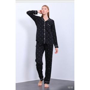 Katoen-Satijn Dames 2- Delige -Pyjama- Luxe Pyjamaset- Nachtkleding Zwart met Hartjes Maat S